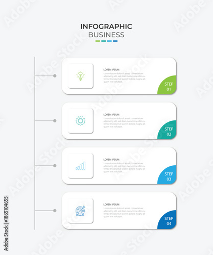 4 steps infographic template with 4 options. Flowchart that can be used for business report, data visualization and presentation. Timeline infographic elements vector illustration
