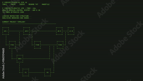 Version control diagram on a vintage retro old green CRT screen overlay with some system text. Green retro text on black screen with diagram. 80's retro display overlay 16:9 with horizontal lines.