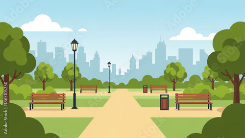 A serene city park with benches and street lamps on a sunny day with a blurred city skyline in the background