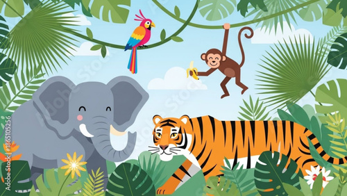 A colorful jungle scene with a tiger, elephant, monkey, and parrot amidst lush greenery and vibrant flowers under a blue sky