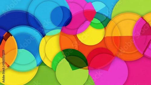 Vibrant colorful overlapping circles in various sizes and hues create a lively abstract composition with no dominant shape or color