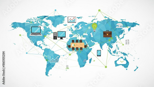 A world map with various computer and electronic devices connected by lines on a blue and with icons