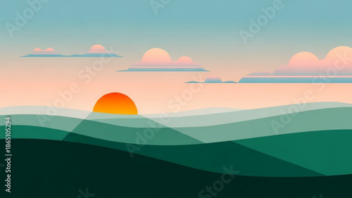 A serene landscape illustration of a sunset over rolling hills with a blue sky and fluffy clouds at dawn