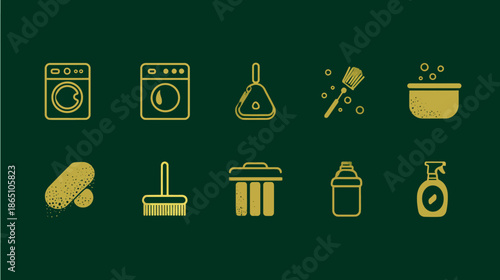 Golden Outline Cleaning & Laundry Vector Icons Set on Dark Green. Washing Machine, Broom, Dustpan, Detergent, Spray Bottle.