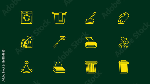 Vector Line Icon Set for Household Cleaning, Laundry, and Hygiene Tasks, Supplies and Equipment on Dark Green Background