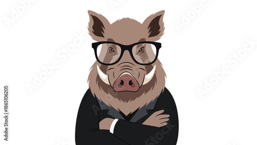 Sophisticated wild boar wearing a black suit jacket and glasses while standing with arms crossed confidently.