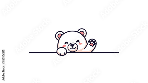 Sweet little polar bear cub peeking over a horizontal line and waving its paw with a happy winking expression.