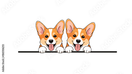 Two adorable corgi puppies peeking over a horizontal line together with happy smiling faces and pink tongues.