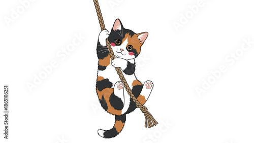 Colorful calico cat kitten hanging playfully from a thick brown braided rope against a plain white background.