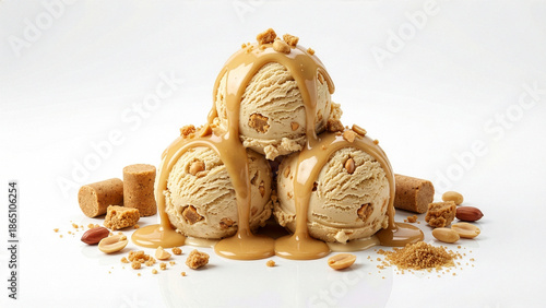 Peanut Butter Ice Cream Scoops with Caramel Sauce Peanuts and Cookie Pieces on White Background
