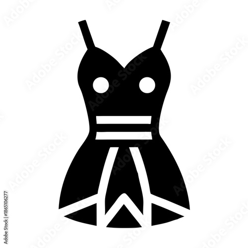 Minimalist black evening dress icon with geometric patterns for fashion and clothing concepts