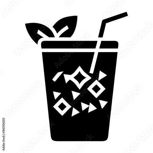 Refreshing cold drink with ice cubes and mint garnish in a tall glass icon