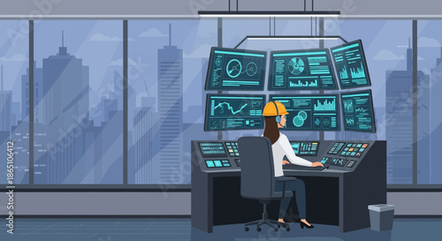 Woman in Control Room Monitoring Data on Multiple Screens.