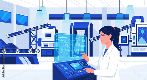 Woman in lab coat operating futuristic machine in a factory setting.