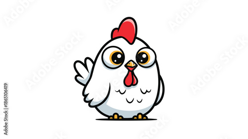 Simple cartoon illustration of a cute white chick with big eyes a red comb and orange beak on a plain white background.