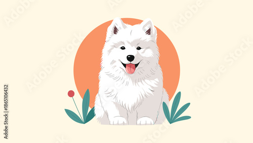 Adorable white samoyed dog sitting happily in front of a bright orange sun and green leaves background.