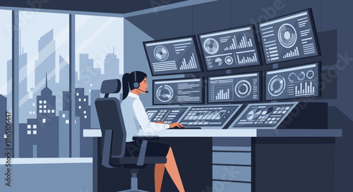 Woman Monitoring Data on Multiple Screens in Control Room.