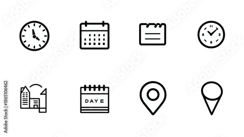 Time, Calendar, Schedule, and Location Outline Icons Set. Vector symbols for planning, business, travel, and organization UI/UX.