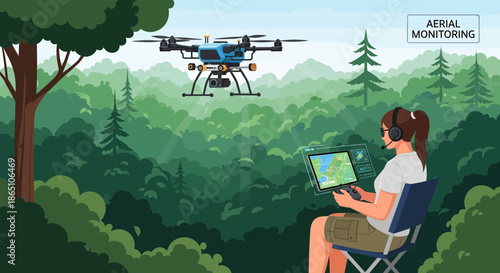 Woman operating drone for aerial monitoring in a forest setting.