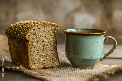 Rustic Whole Grain Bread with Seeds and Ceramic Coffee Mug on Wooden Table