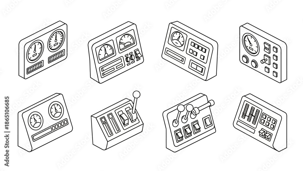 Obraz premium Eight isometric control panel illustrations featuring analog gauges levers switches meters and digital displays for complex machinery operation