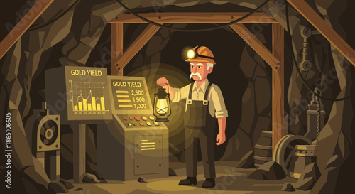 Cartoon Miner Inspecting Control Panel with Lantern in Mine.