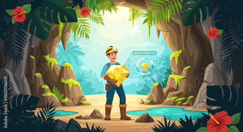 Cartoon Miner Holding Gold Nugget in Jungle Cave.