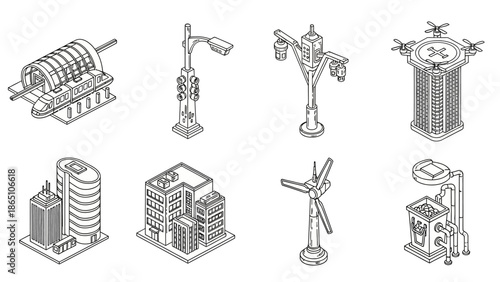 Isometric futuristic city infrastructure set with buildings wind turbine drone landing pad and subway station for urban planning map design linear vector illustration on white background