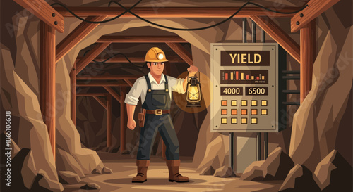 Cartoon Miner Inspecting Yield in Underground Mine.