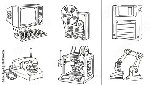 Retro technology office equipment collection with computer tape recorder floppy disk telephone 3d printer and robotic arm for nostalgic workplace design line art icons on white background