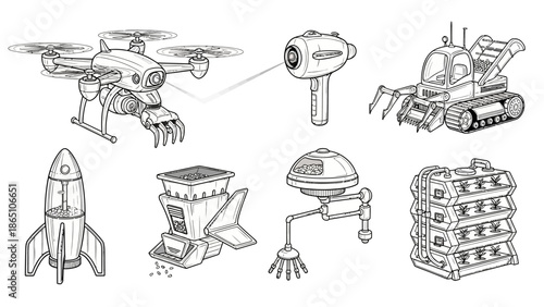 Future technology and agriculture concepts with a drone planter robot arm sprayer farming machine rocket and vertical farm line art illustration