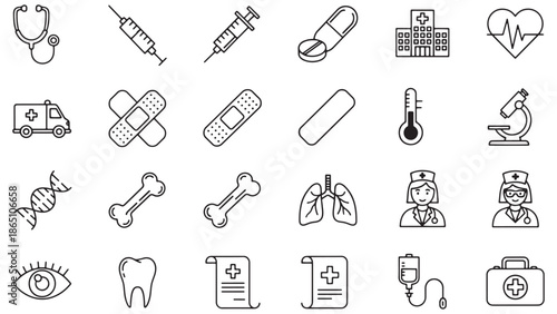 Comprehensive medical and healthcare icon set featuring stethoscope syringe ambulance hospital and anatomy symbols for professional clinical services and pharmaceutical industry branding.