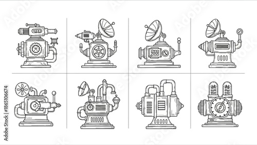 Steampunk machinery set in black and white line art depicting various intricate and fantastical industrial devices with gears and pipes
