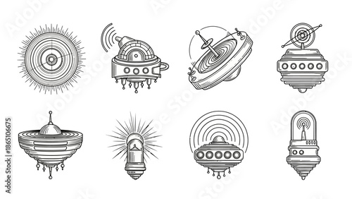 Eight abstract futuristic communication devices or unidentified flying object emblems featuring radiating signals antennae and glowing lights in monochrome