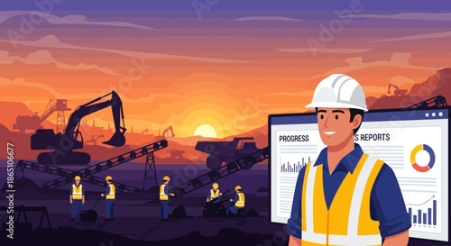 Construction Worker Overseeing Project Progress with Data Visualization.