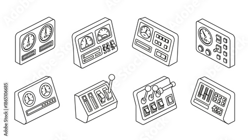 Eight isometric control panel illustrations featuring analog gauges levers switches meters and digital displays for complex machinery operation