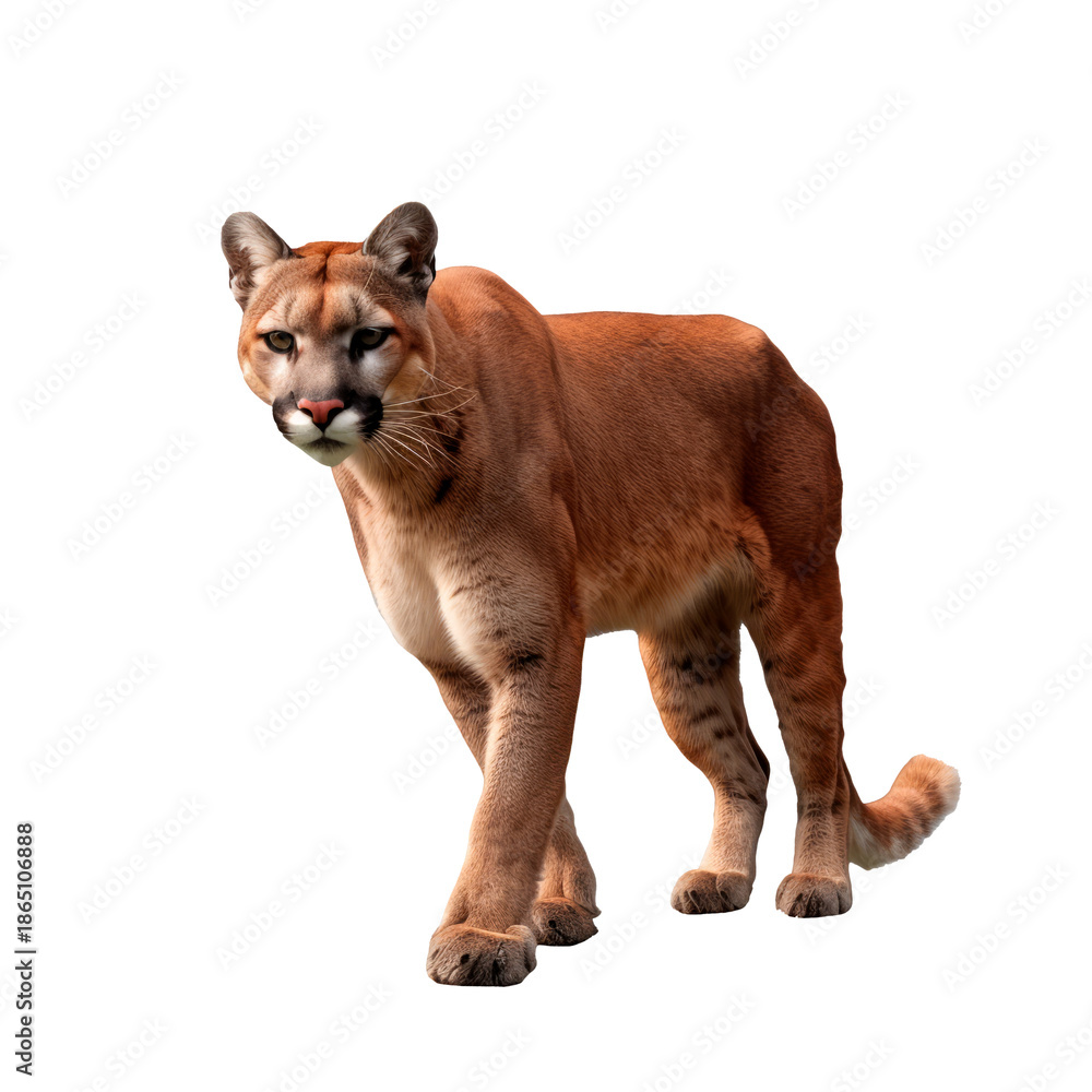 Obraz premium Realistic cougar standing in alert pose wildlife animal isolated on transparent background png element.