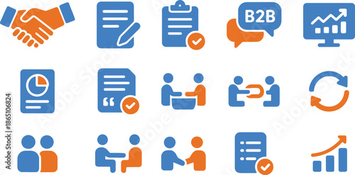 B2b business cooperation flat icons set containing handshake contract document and growth analytics