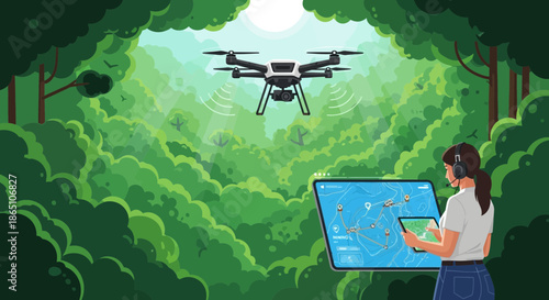 Drone Operation in Forest Woman Monitoring Data on Tablet.