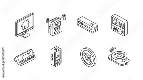 Smart home security system control panel icons set isometric line art collection monitoring technology symbols house automation interface equipment digital safety devices wireless network