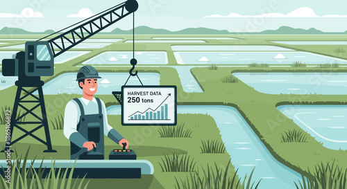 Farmer Operating Crane with Harvest Data Display in Rice Field.