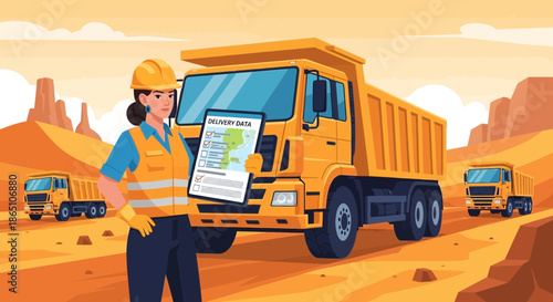 Female Engineer Inspecting Dump Trucks at a Construction Site.