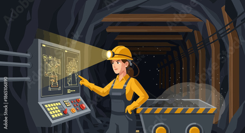 Female Miner Inspecting Control Panel in Underground Mine.