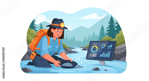 Gold Prospector Analyzing Data While Panning for Gold in a River.