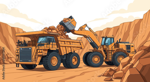 Heavy Machinery in Action Mining Dump Truck and Loader Illustration.