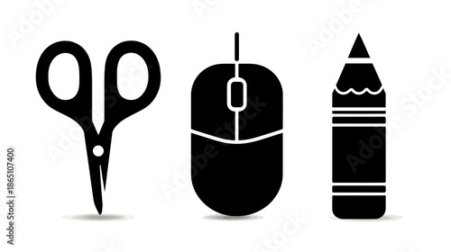 Essential tools vector icons: Black scissors, computer mouse, and pencil silhouettes for design, office, and education.