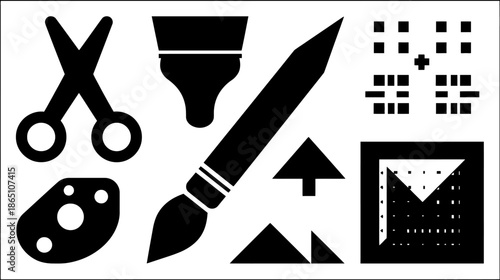 Creative Art and Design Tools Vector Icons. Collection of graphic elements, craft supplies, painting brushes, scissors, and geometric patterns.