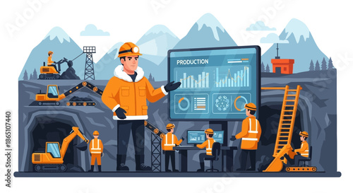 Mining Team Analyzing Production Data on a Large Screen.