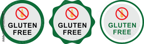 Gluten free food labels with crossed wheat symbol in circular badges