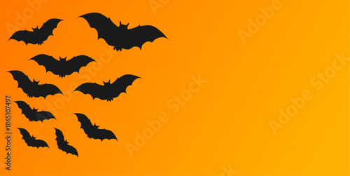 Vector. Halloween background with bats, holiday decorations. Flying bats with shadows. Halloween party invitation card mockup. Happy Halloween banner design. Flat lay, top view, copy space.